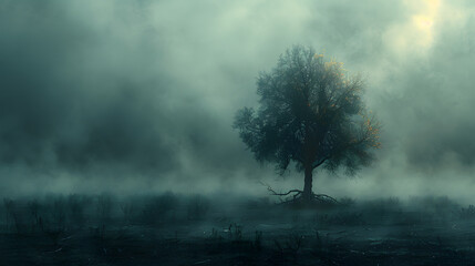 Mysterious Solitude: A Lone Tree Amidst Grey Fog