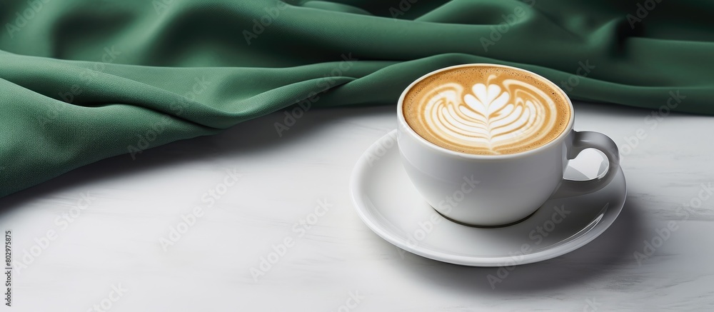 Aufkleber a close up image of a green cup filled with coffee espresso on a white background accompanied by a c