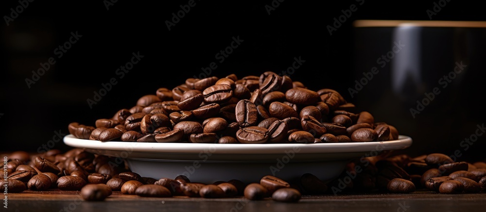Poster a close up view of dark coffee beans on a plate providing ample copy space for an image