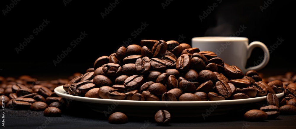 Aufkleber a close up view of dark coffee beans on a plate providing ample copy space for an image