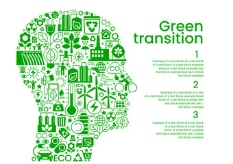 Silhouette of a human head with icons. ENERGY TRANSITION. Transition to environmentally friendly world concept.  Ecology infographic. Green power production. 