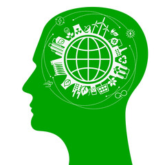 Silhouette of a human head with icons. ENERGY TRANSITION. Transition to environmentally friendly world concept.  Ecology infographic. Green power production