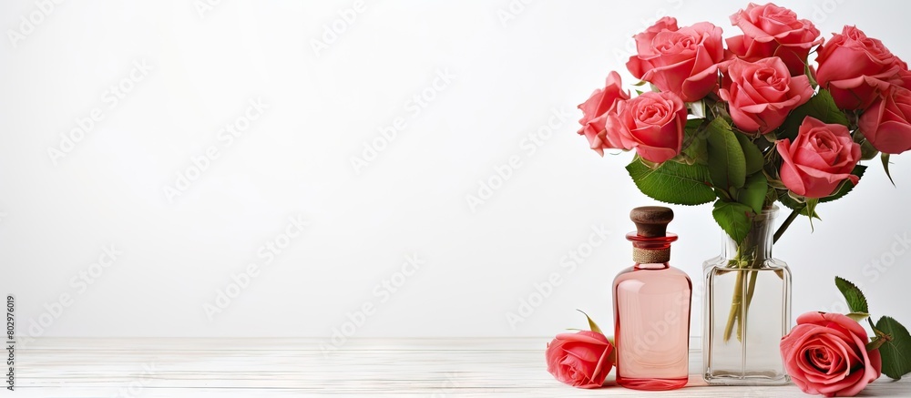 Leinwandbilder A bottle of essential oil and a bouquet of roses sit on a white wooden table with a light background Ample space is available for adding text