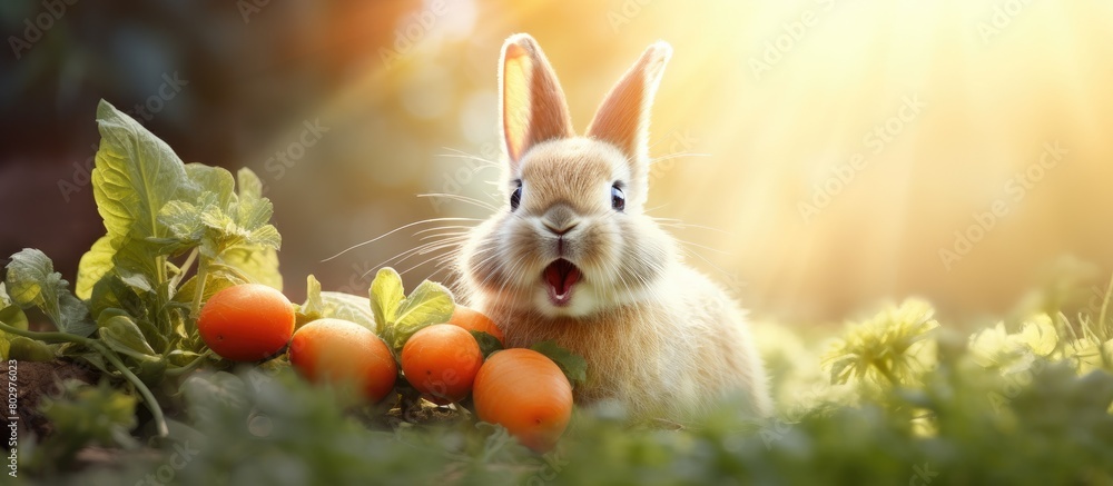Leinwandbilder A delightful rabbit enjoys munching on a carrot in a captivating copy space image