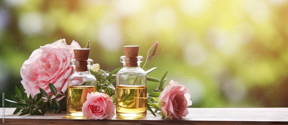 Aufkleber A copy space image featuring bottles of essential oils along with roses and rosemary placed on a wooden table The background showcases a blurred green environment creating a calm and natural atmosphe