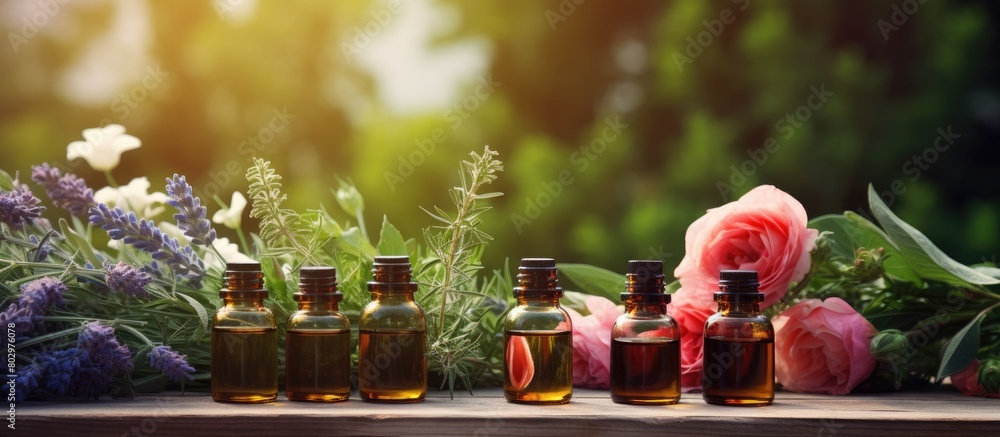 Aufkleber a copy space image featuring bottles of essential oils along with roses and rosemary placed on a woo