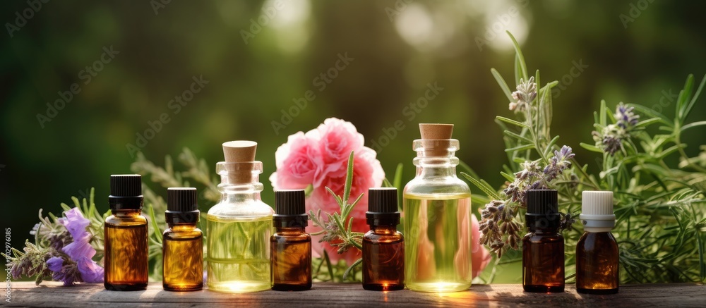 Poster A copy space image featuring bottles of essential oils along with roses and rosemary placed on a wooden table The background showcases a blurred green environment creating a calm and natural atmosphe