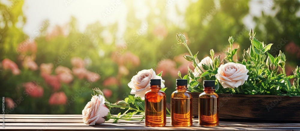 Aufkleber A copy space image featuring bottles of essential oils along with roses and rosemary placed on a wooden table The background showcases a blurred green environment creating a calm and natural atmosphe