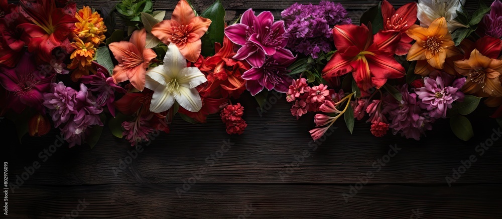 Poster a captivating image of vibrant flowers set against a richly textured dark wooden backdrop creating a