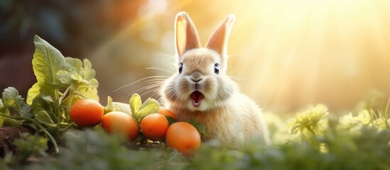 A delightful rabbit enjoys munching on a carrot in a captivating copy space image