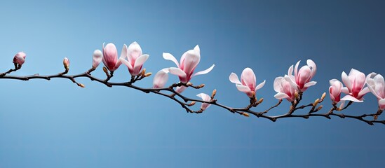 A close up shot of a flowering pink magnolia twig against a blue background provides ample copy...