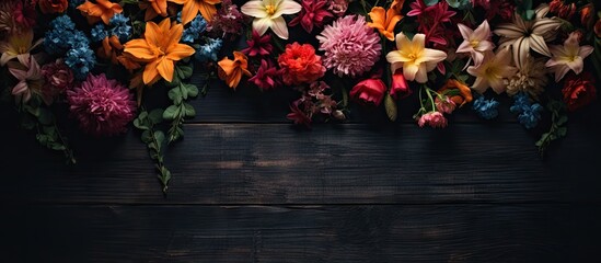 A captivating image of vibrant flowers set against a richly textured dark wooden backdrop creating an alluring copy space image