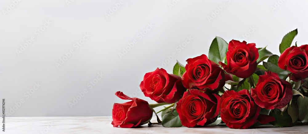 Fototapete a bouquet of red roses on a table with a white background and copy space for an image