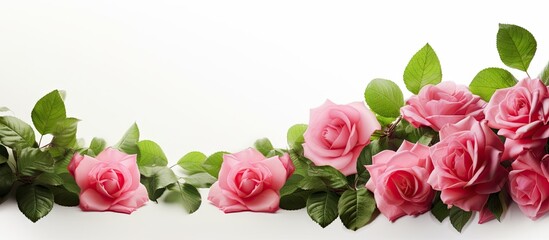 A copy space image showcasing isolated fresh rose flowers accompanied by vibrant green leaves and ample room for additional content