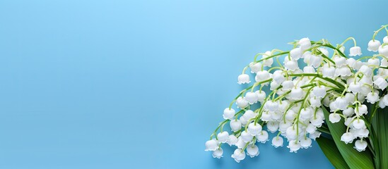 A beautiful bouquet of lilies of the valley set against a serene blue gradient backdrop includes the phrase copy space image