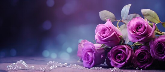 A delicate bouquet of purple roses situated beside an open space image. with copy space image. Place for adding text or design