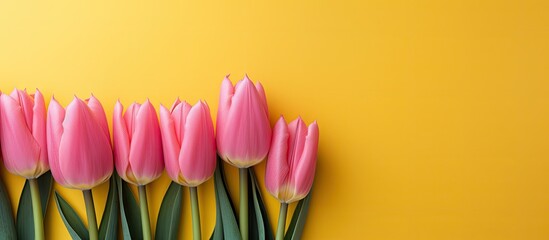 A copy space image featuring yellow tulips set against a pink paper background