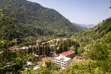 View of the canyon along the Adjaristskali River and the town of Zeda Makhuntseti