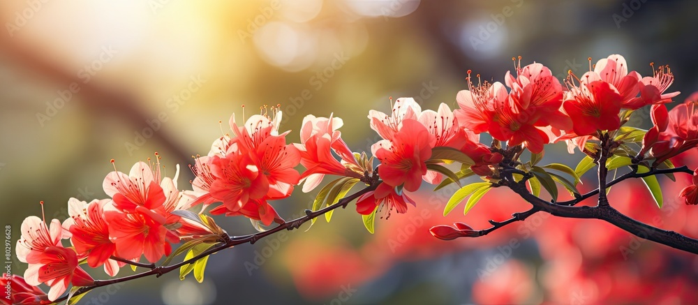 Poster a captivating scene of vibrant red flowers in bloom in the park creating a picturesque copy space im