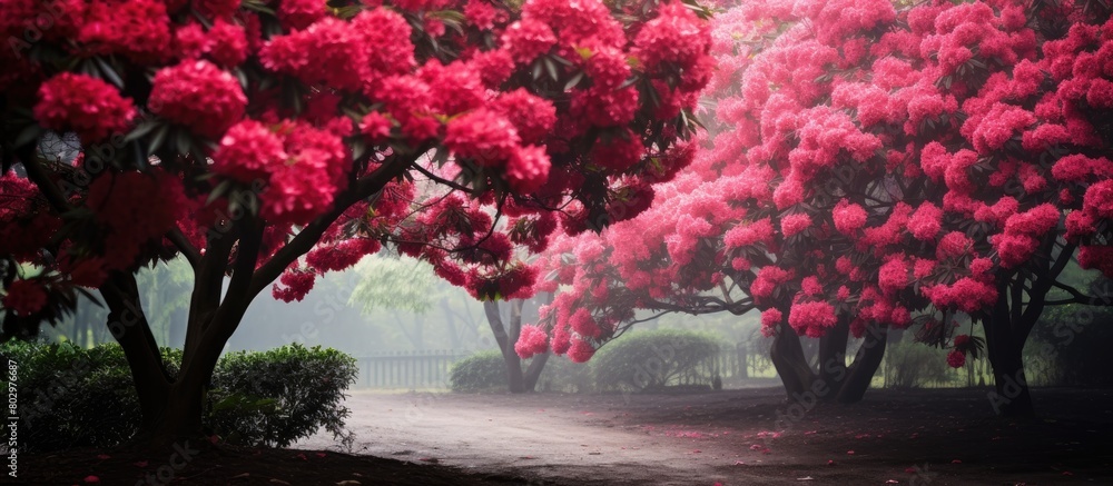 Poster A captivating scene of vibrant red flowers in bloom in the park creating a picturesque copy space image
