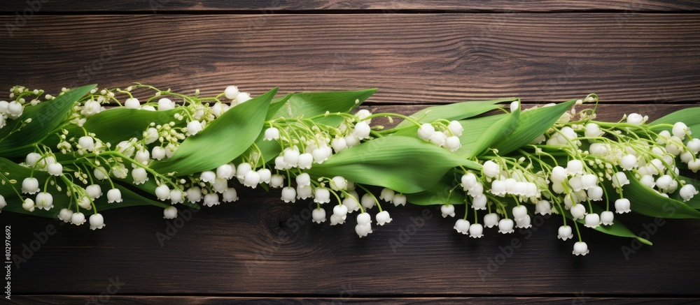 Aufkleber a copy space image of delicate lilies of the valley arranged on a rustic wooden surface