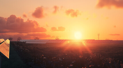 A realistic image of a contemporary photovoltaic farm taken as the sun sets.