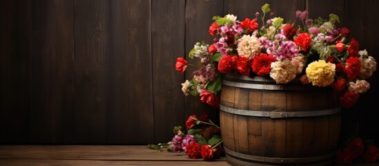 Fototapeta na wymiar A charming arrangement of flowers adorns an antique wooden barrel creating a captivating copy space image