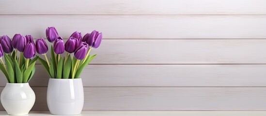 A copy space image of elegant purple tulips arranged in a white ceramic vase displayed on a wooden shelf