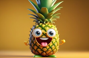 Illustration a cartoon joyful cheerful pineapple with yellow-rimmed glasses smiles light yellow background