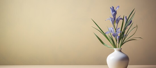 A cream surface displays a traditional vase adorned with rosemary branches and an iris flower creating a copy space image