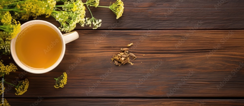 Aufkleber a copy space image showing fennel seed tea or extract placed on a wooden background accompanied by f