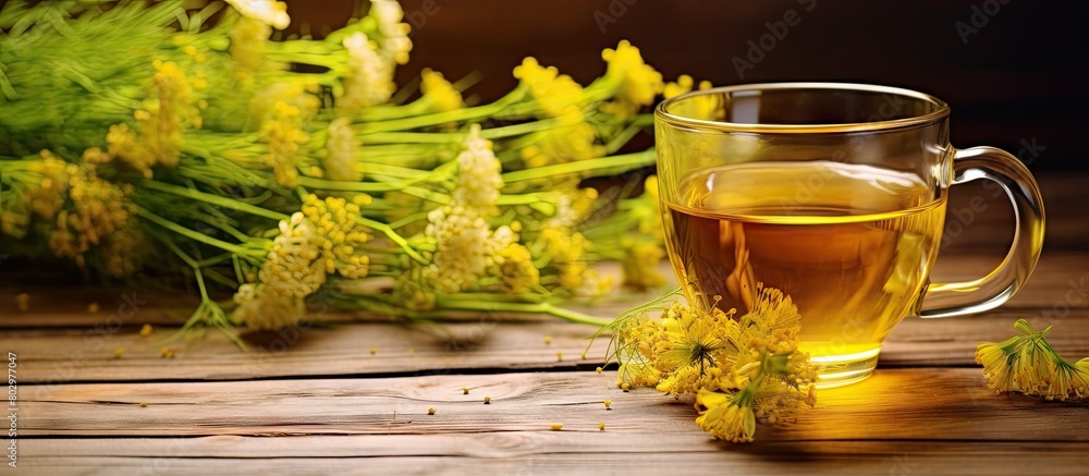 Poster a copy space image showing fennel seed tea or extract placed on a wooden background accompanied by f