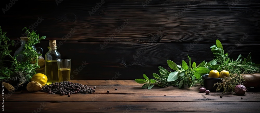 Poster a dark wooden table displaying a slate board adorned with herbs spices and olive oil creating a visu