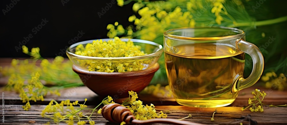 Aufkleber a copy space image showing fennel seed tea or extract placed on a wooden background accompanied by f