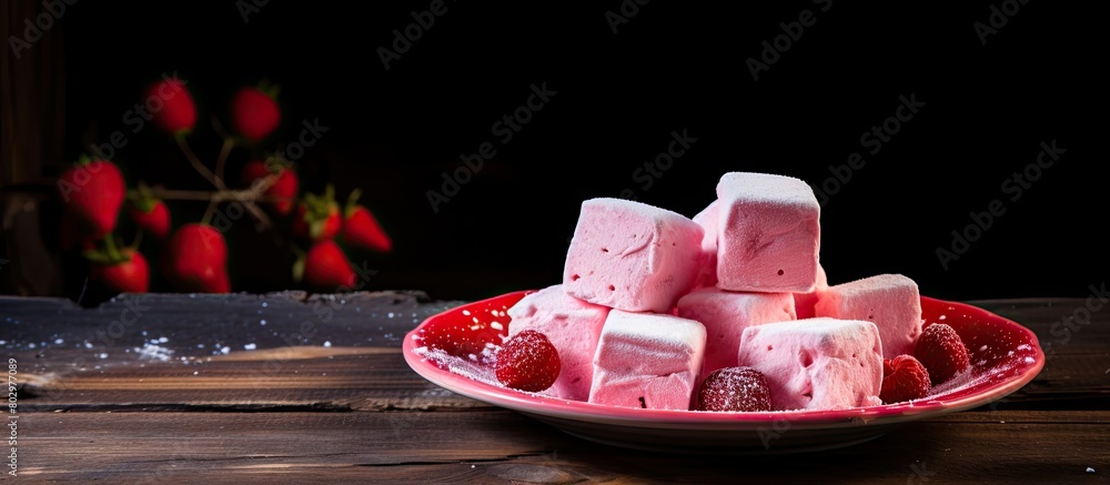Poster A delicious homemade berry marshmallow is placed on a beautifully decorated red plate set against a rustic wooden background creating an inviting and visually appealing copy space image The marshmall