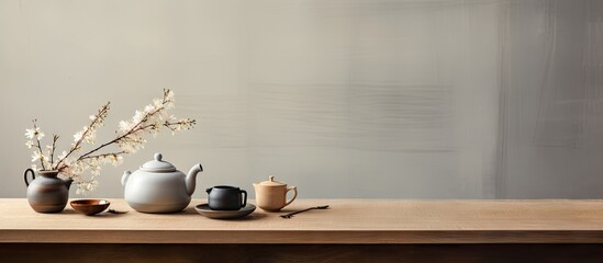 A concept of tea ceremony relaxation and taking a break is portrayed in the copy space image of a wooden white table adorned with a teapot cups and fragrant black tea 135