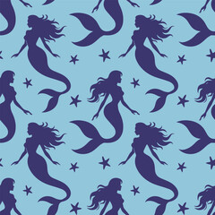 Mermaid and starfish pattern on a blue background, flat illustration, vector. Fairytale background with mermaid silhouette, design for textile, wrapping paper, baby party, children's room