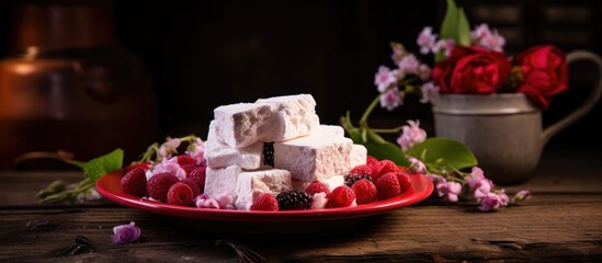 Obraz na płótnie Canvas A delicious homemade berry marshmallow is placed on a beautifully decorated red plate set against a rustic wooden background creating an inviting and visually appealing copy space image The marshmall