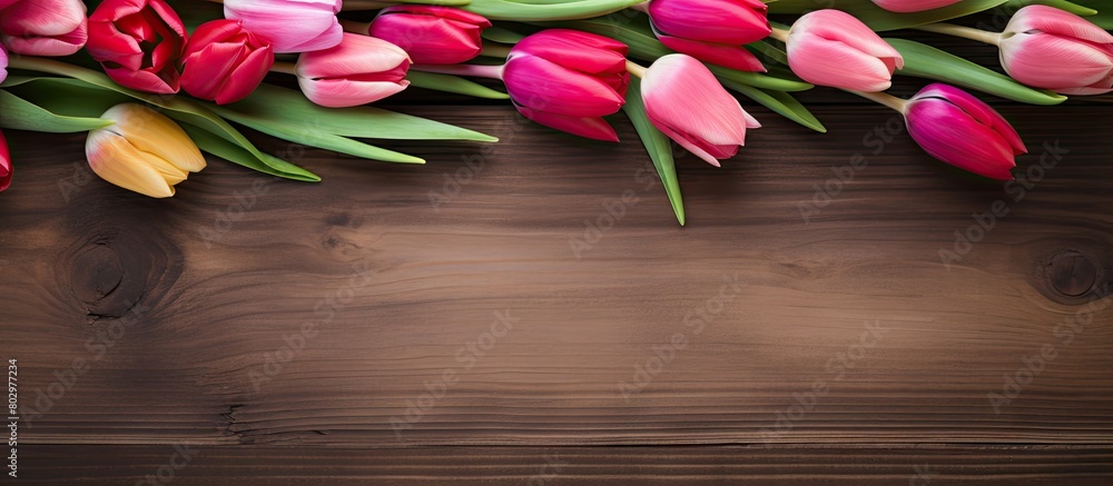 Aufkleber A beautiful arrangement of tulips is placed on a wooden table creating an appealing border design It is perfect for a copy space image