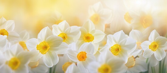 A close up copy space image of white and yellow daffodil flowers on a floral background