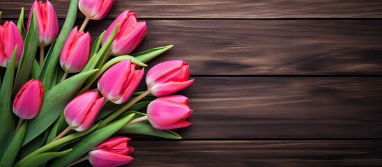 A beautiful arrangement of tulips is placed on a wooden table creating an appealing border design It is perfect for a copy space image