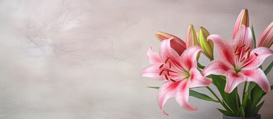 A copy space image features two pink day lilies resting on a textured tan ceramic tile