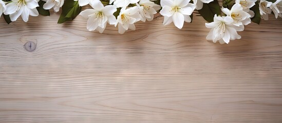 Fototapeta na wymiar A copy space image featuring white flowers arranged on a wooden floor