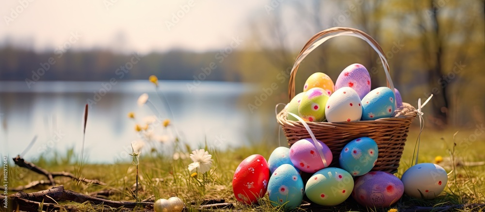 Poster A basket filled with Easter eggs and festive decorations including a greeting card with a picturesque backdrop suitable for adding text or other elements in an image. with copy space image