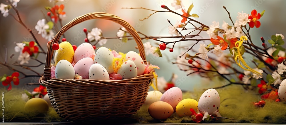 Fototapete A basket filled with Easter eggs and festive decorations including a greeting card with a picturesque backdrop suitable for adding text or other elements in an image. with copy space image