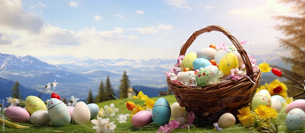 Poster A basket filled with Easter eggs and festive decorations including a greeting card with a picturesque backdrop suitable for adding text or other elements in an image. with copy space image
