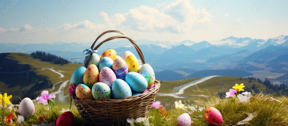 Poster A basket filled with Easter eggs and festive decorations including a greeting card with a picturesque backdrop suitable for adding text or other elements in an image. with copy space image