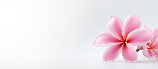 A beautiful pink frangipani flower stands alone on a white backdrop with plenty of space for text or other elements. with copy space image. Place for adding text or design