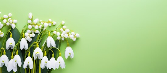 A beautiful copy space image featuring white snowdrop flowers on a colorful background arranged in a creative layout that represents the minimal concept of spring