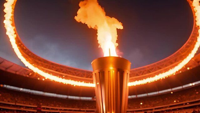 The Olympic flame, the traditional symbol of the Games, lights up the night sky in the stadium, calling for a celebration of sportsmanship and international friendship.